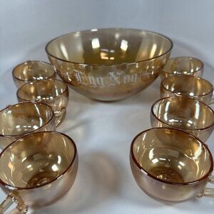Jeanette Marigold | Orange Luster Egg Nog Punch Bowl & 8 Cups Set